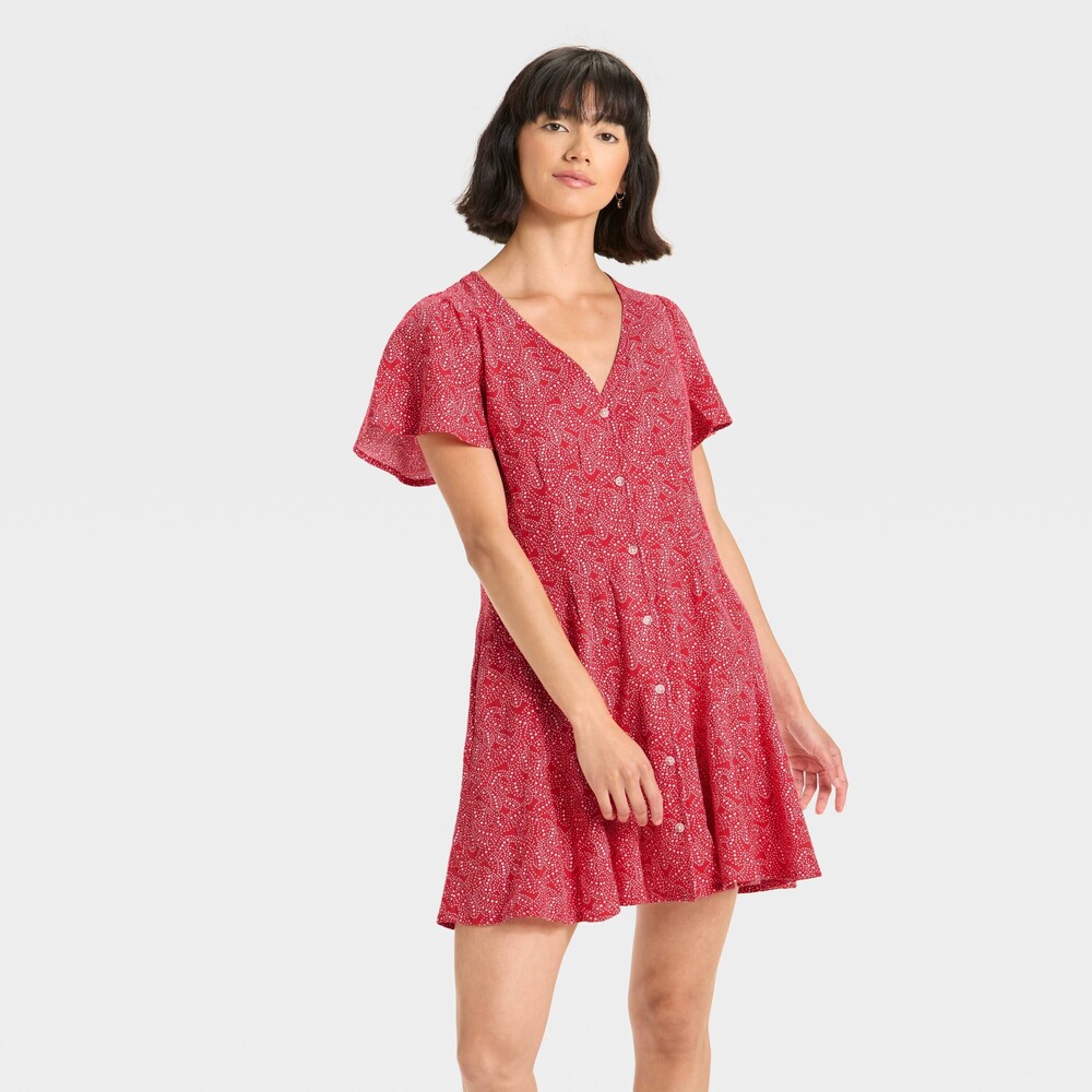 Short Sleeve Button-Front Mini A-Line Dress - Red Shooting Stars - size L
